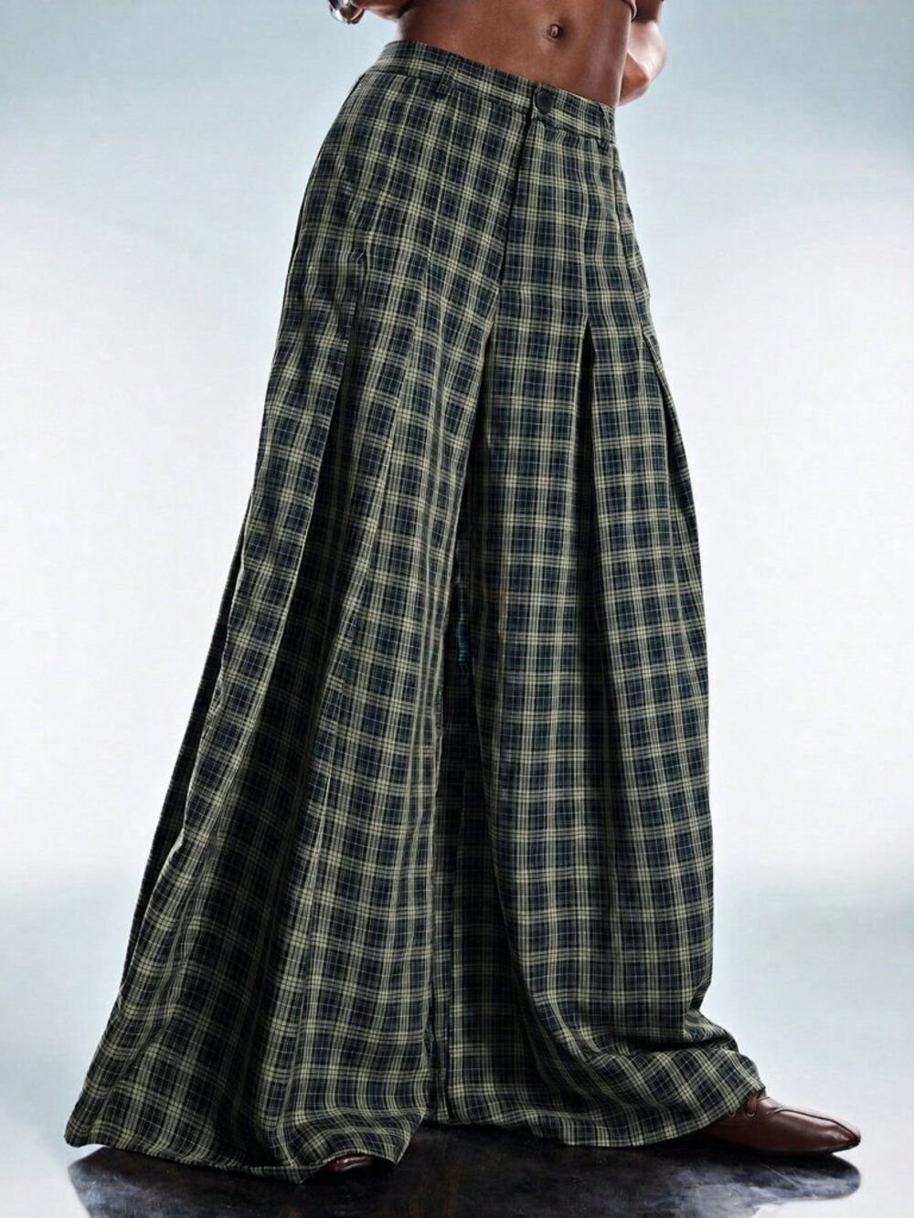 Green Casual Women's Plaid Regular Fit Loose Wide Leg Long Pants - Picture 5 of 6
